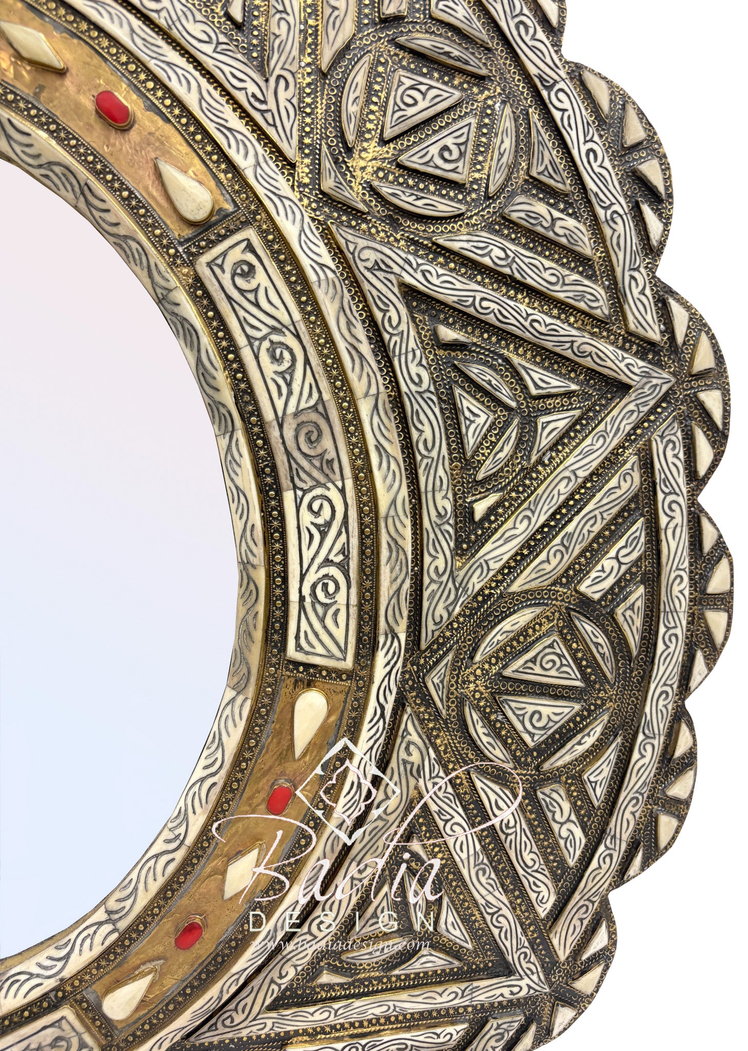 Round Moroccan Mirror with Metal and Bone Design