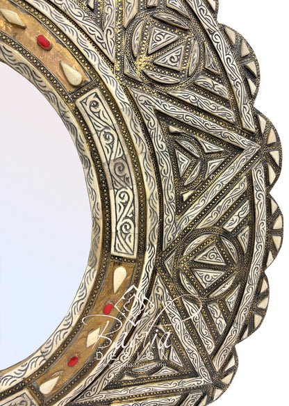 Round Moroccan Mirror with Metal and Bone Design