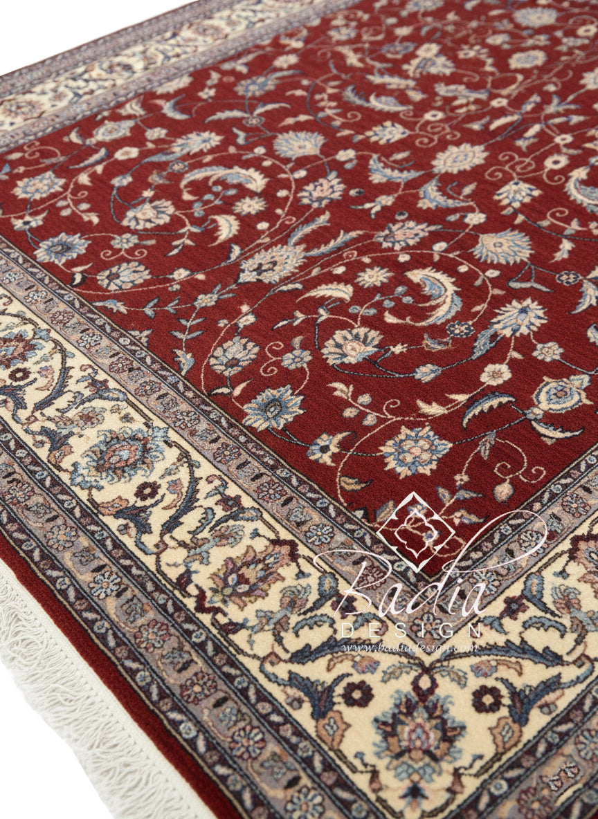 Deep Ruby Red Rug with Multi-Color Floral Motif Designs