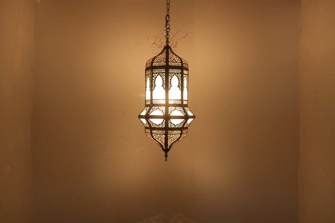 Hanging Brass Lantern with White Glass