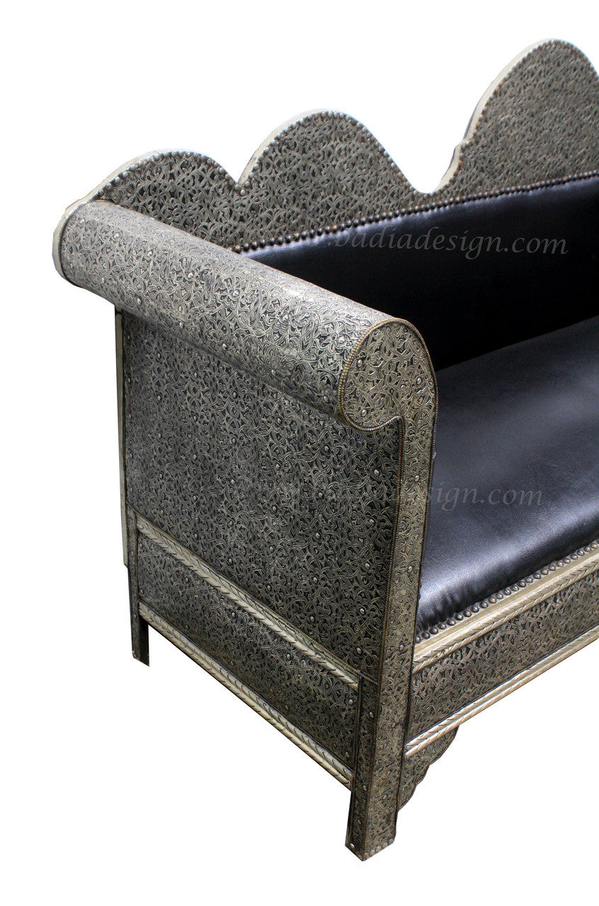Carved Embossed Nickel Silver Sofa with Leather Seat