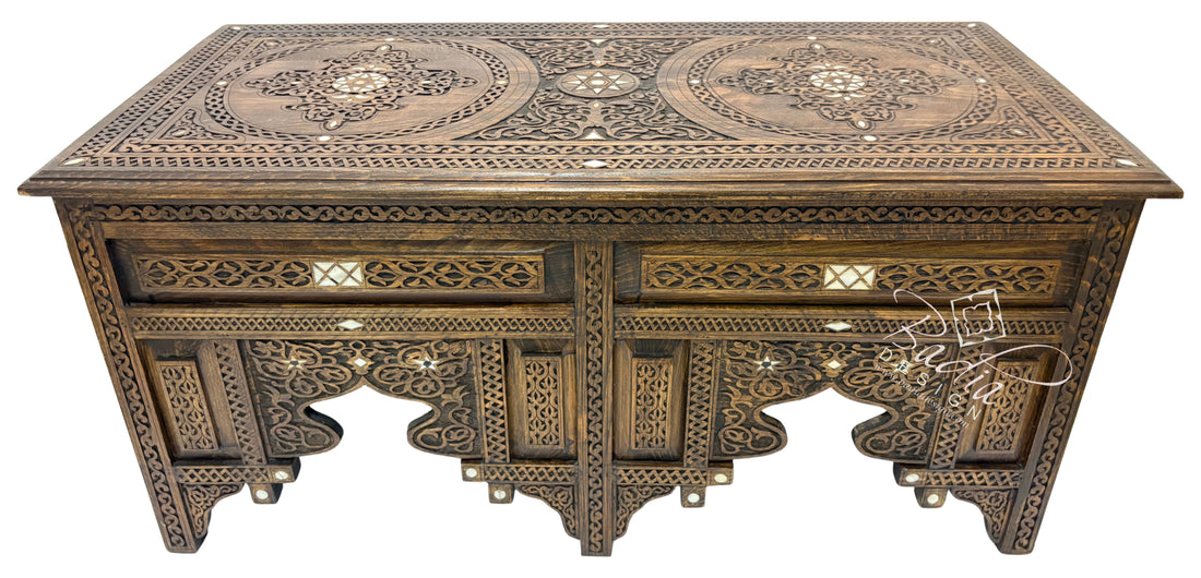 Handcrafted Mother of Pearl Inlay Carved Wooden Coffee Table