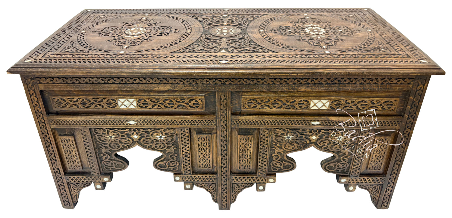 Handcrafted Mother of Pearl Inlay Carved Wooden Coffee Table