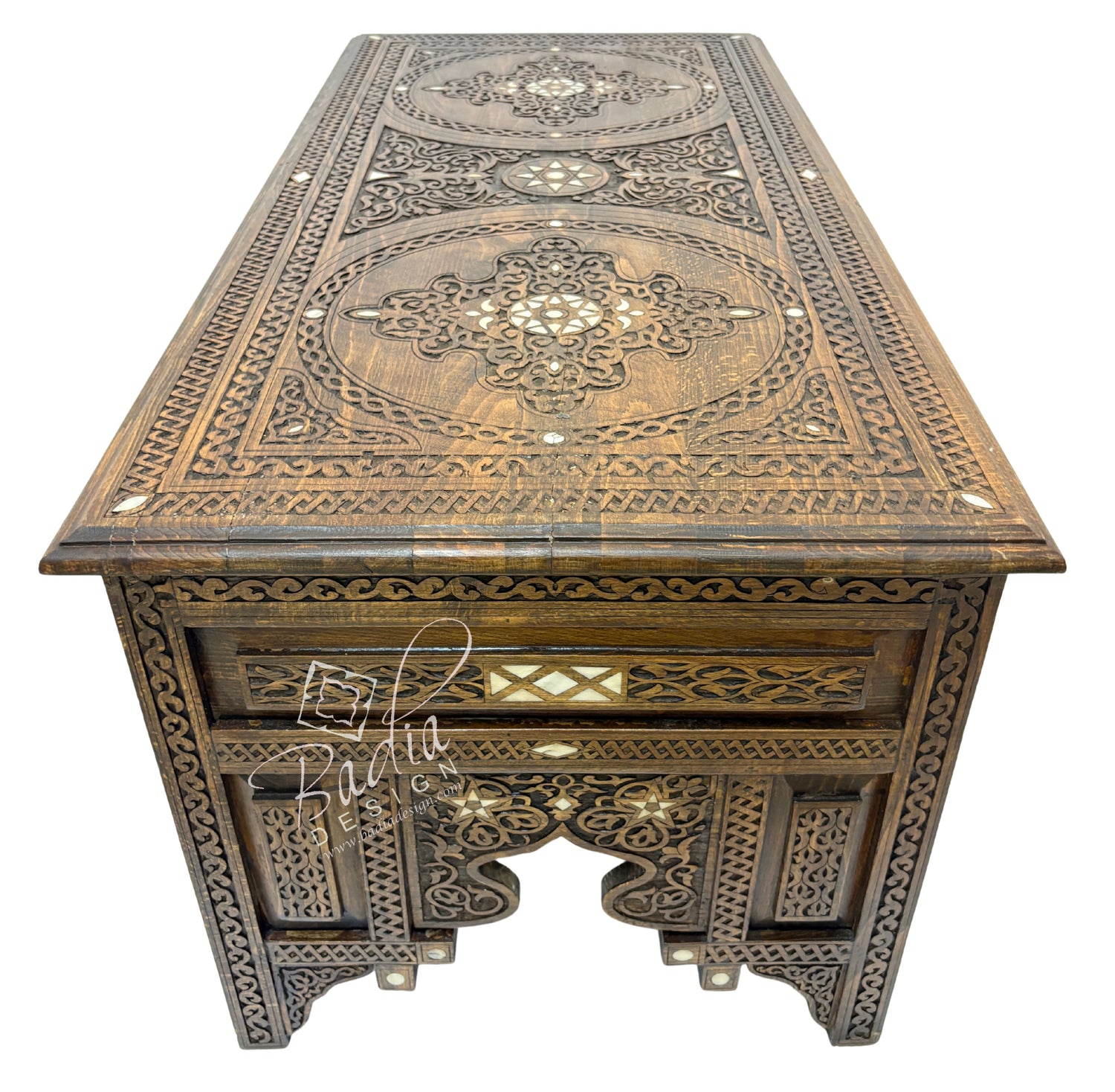 Handcrafted Mother of Pearl Inlay Carved Wooden Coffee Table