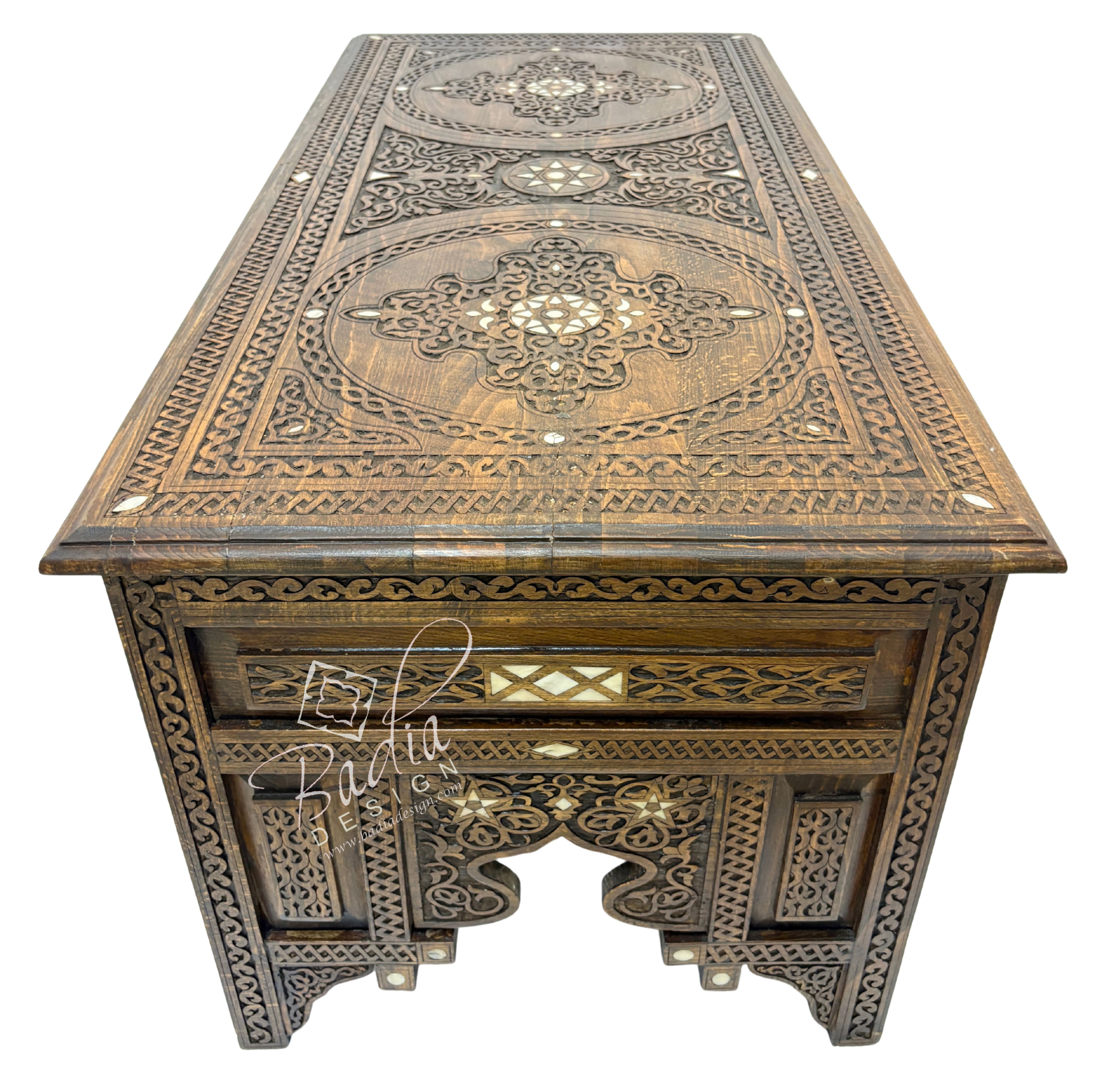 Handcrafted Mother of Pearl Inlay Carved Wooden Coffee Table