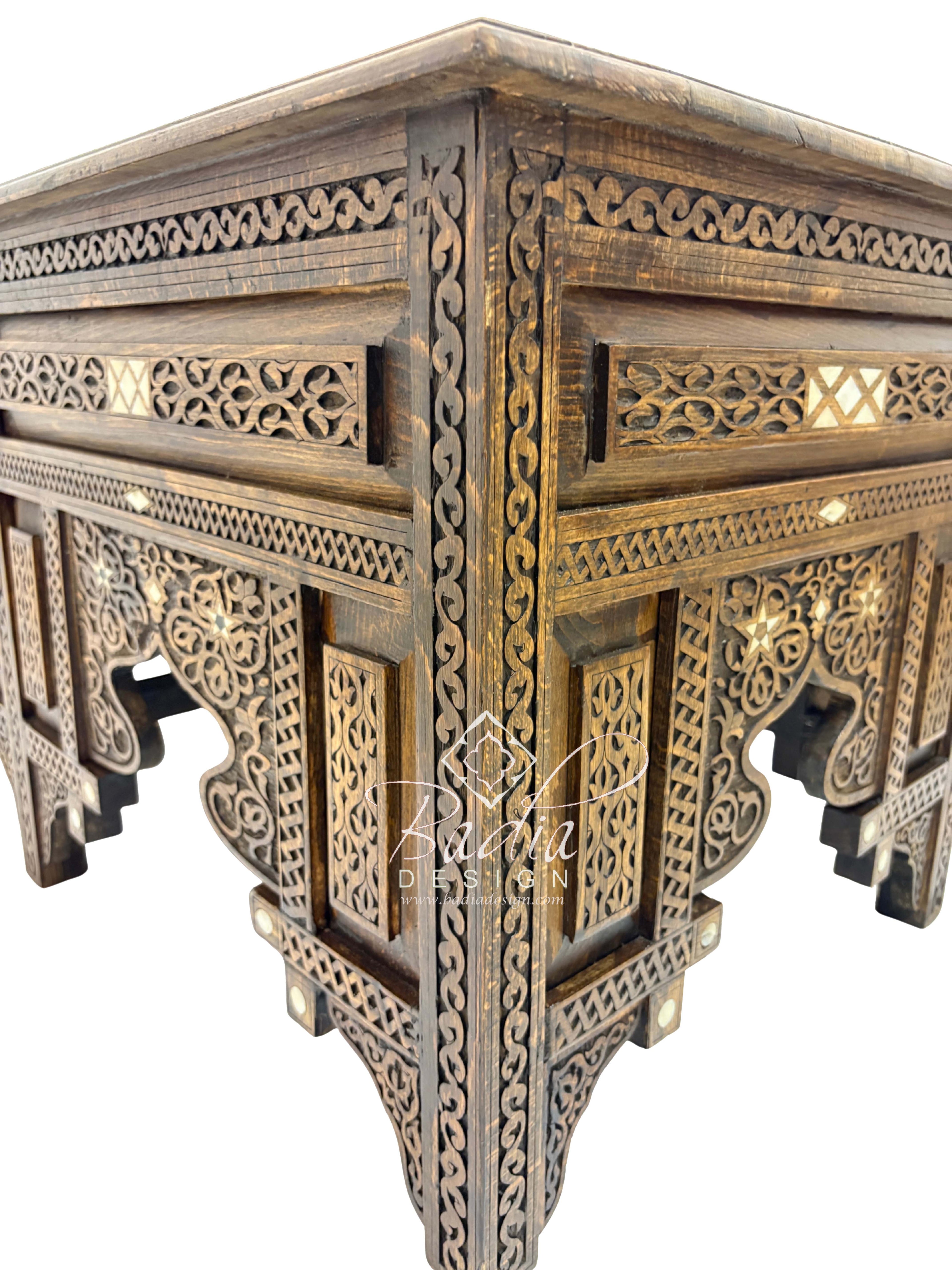 Handcrafted Mother of Pearl Inlay Carved Wooden Coffee Table