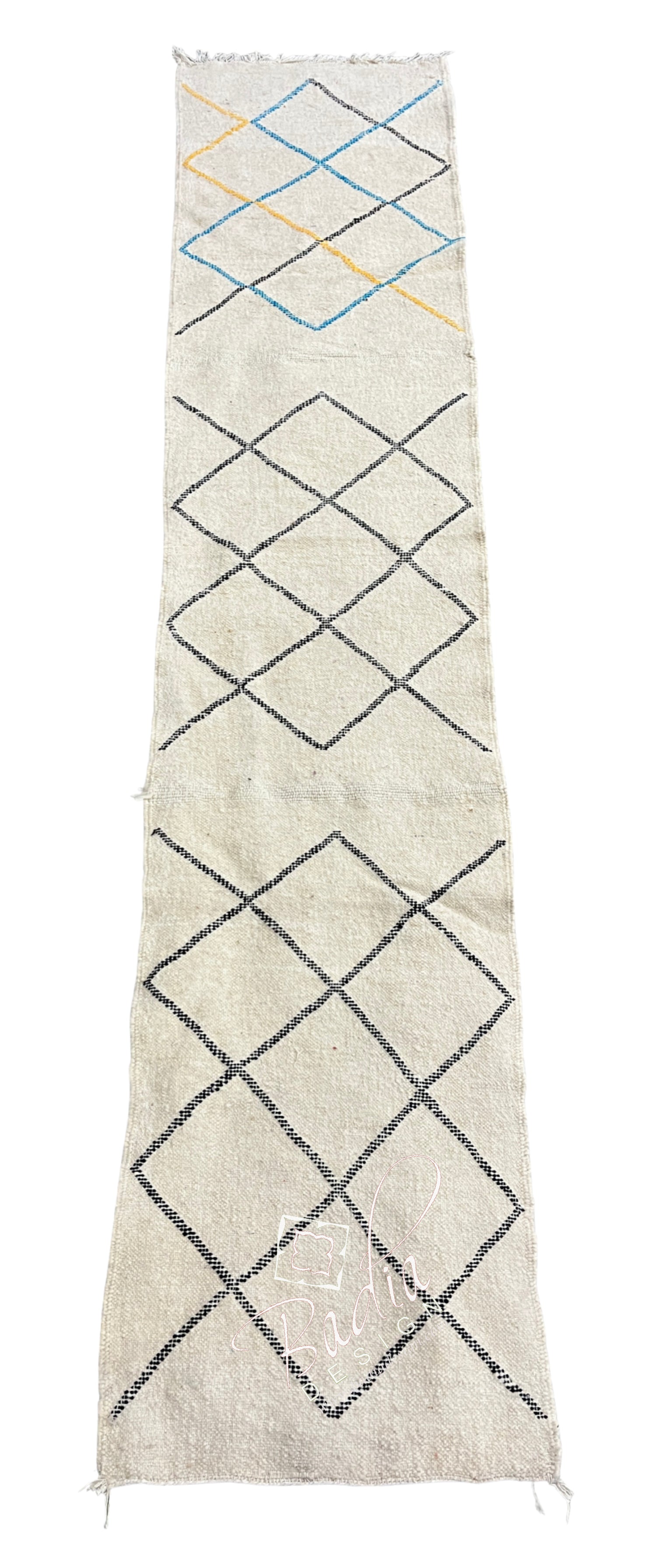 Ivory Moroccan Runner Rug with Black Diamond Pattern