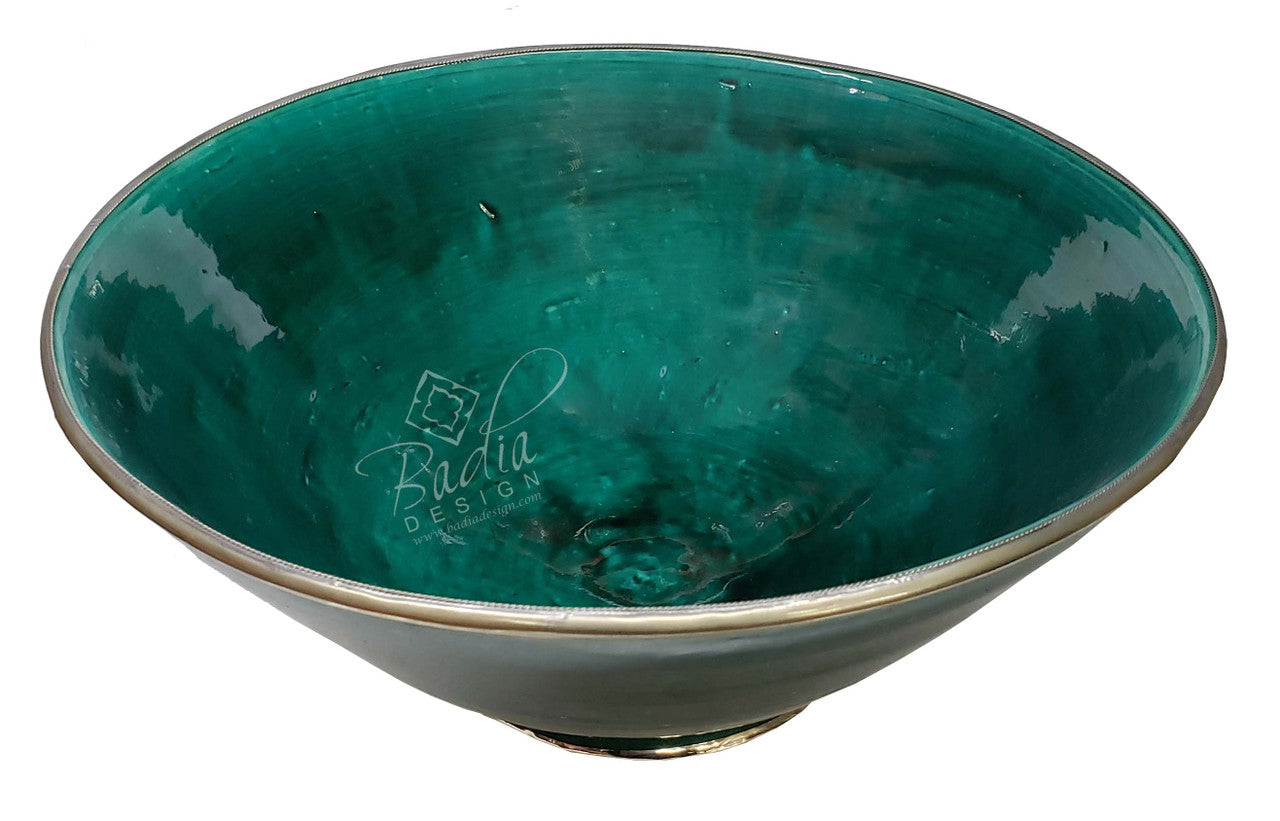 Large Hand Painted Ceramic Bowl with Metal Rim