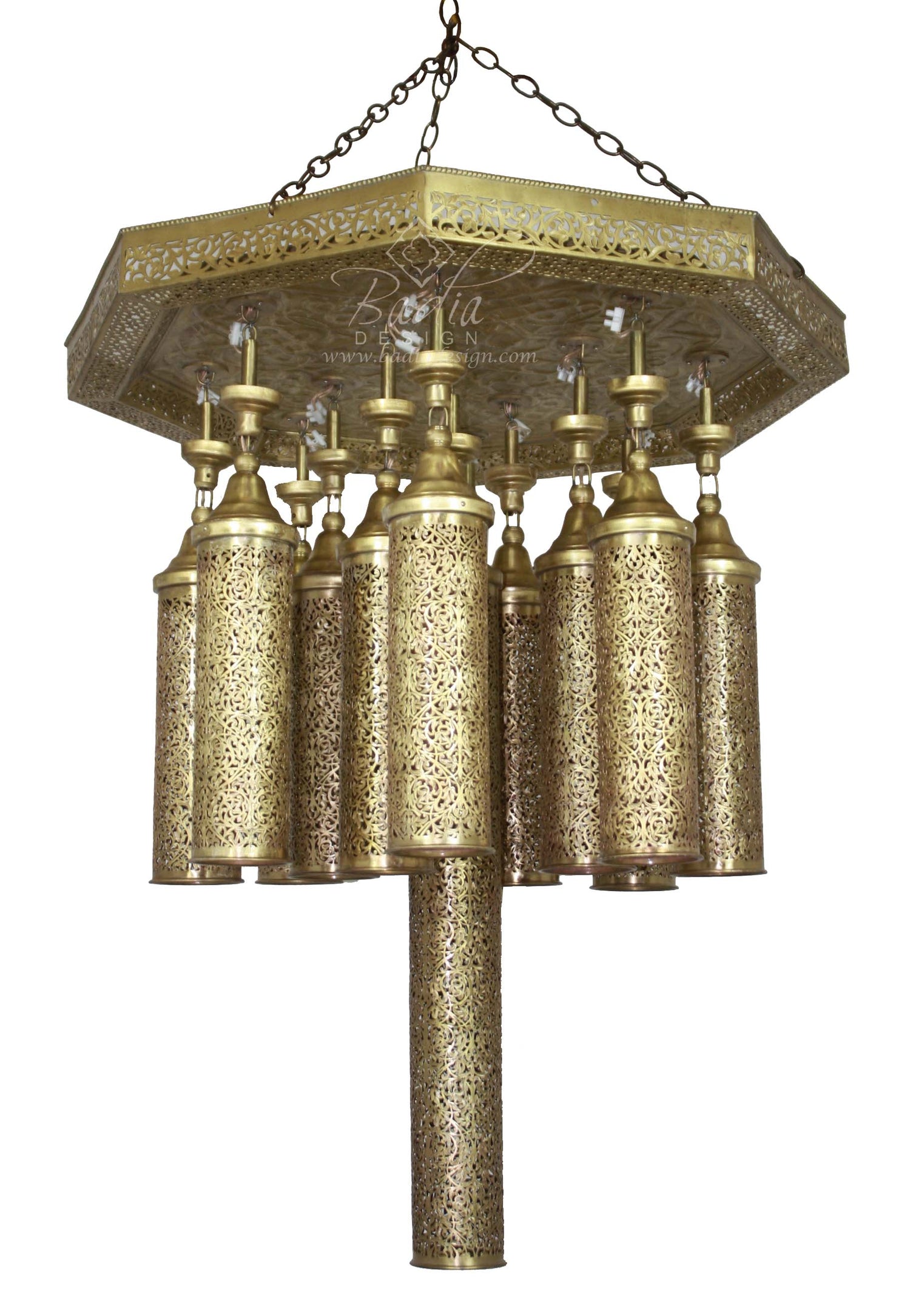 Large Brass Chandelier with Cylinder Shaped Light Clusters
