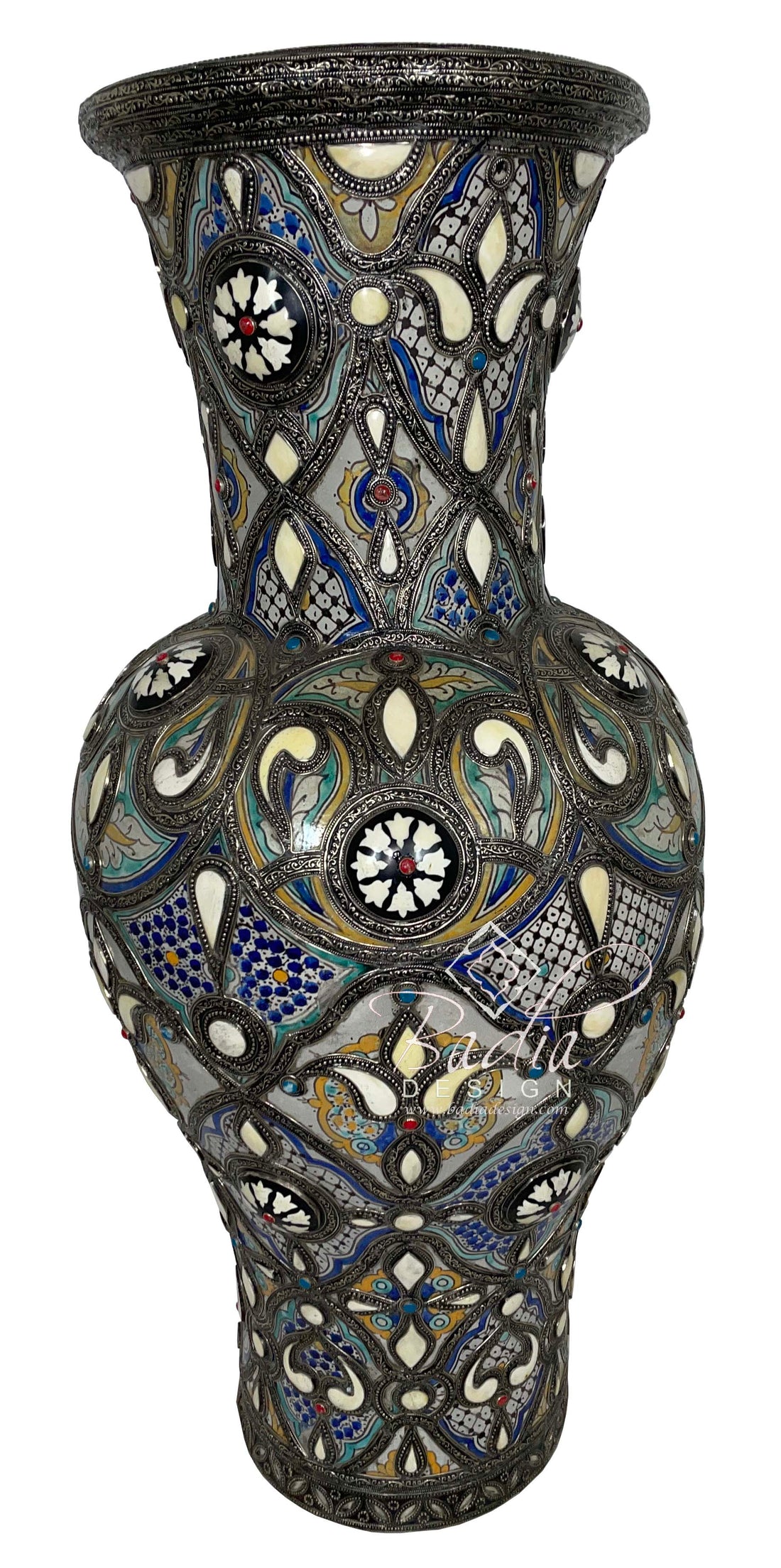 Moroccan Multi-Color Ceramic Metal and Bone Inlay Urn