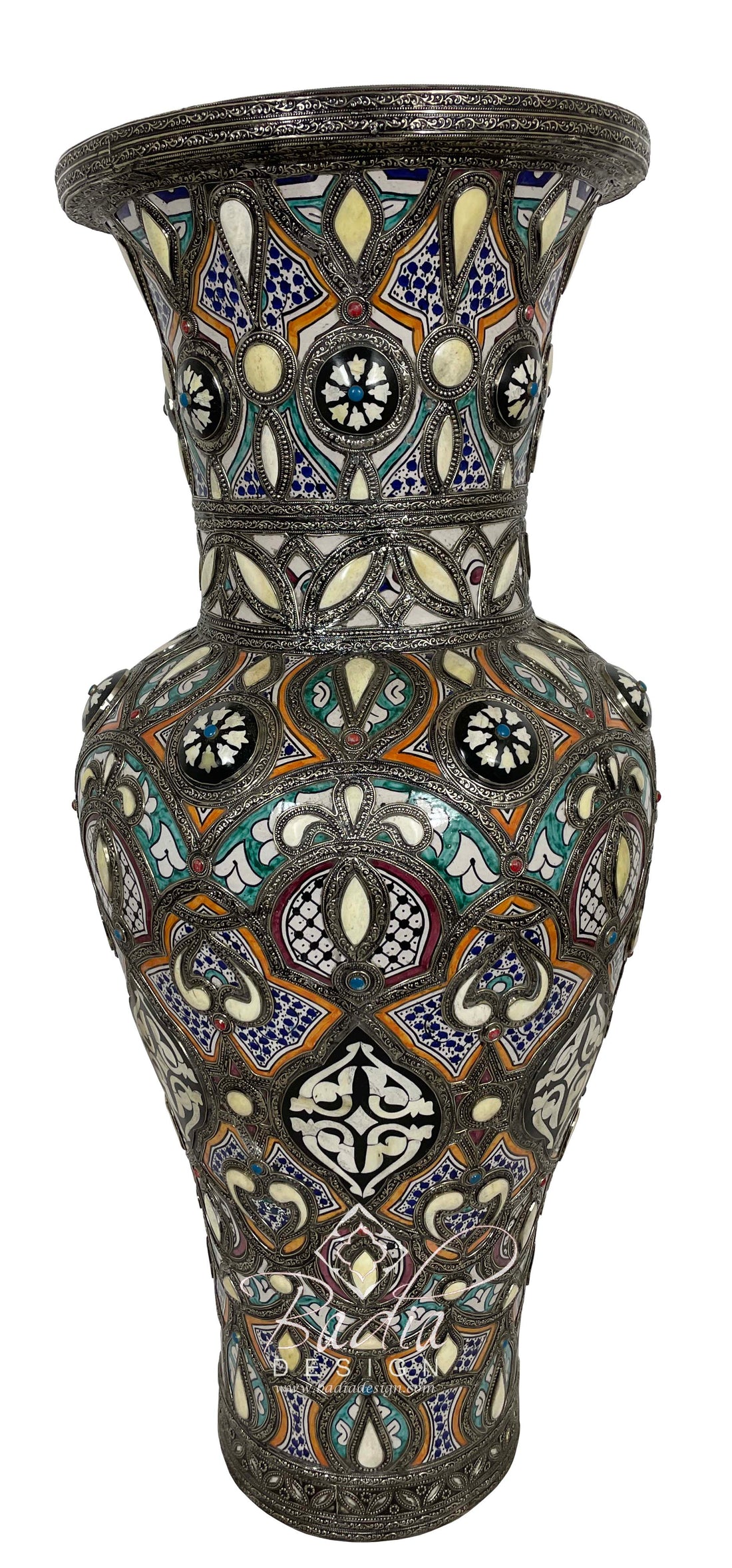 Hand Painted Multi-Color Ceramic Metal and Bone Inlay Urn