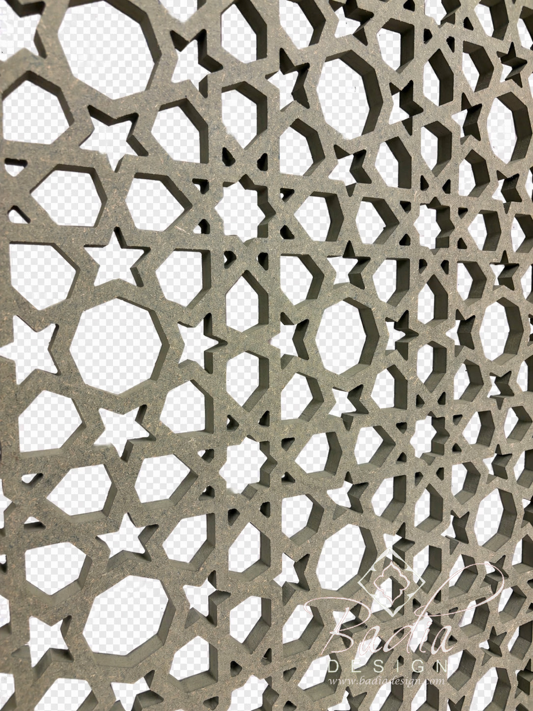 Decorative pattern with geometric shapes and stars on a transparent background