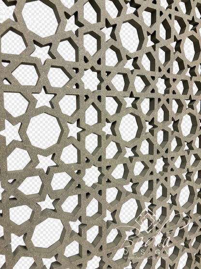 Decorative pattern with geometric shapes and stars on a transparent background