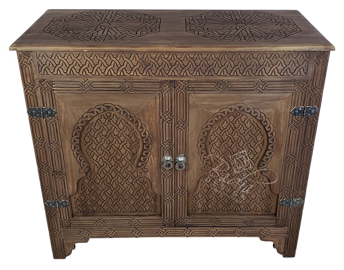 Large Stained Hand Carved Cedar Wood Cabinet