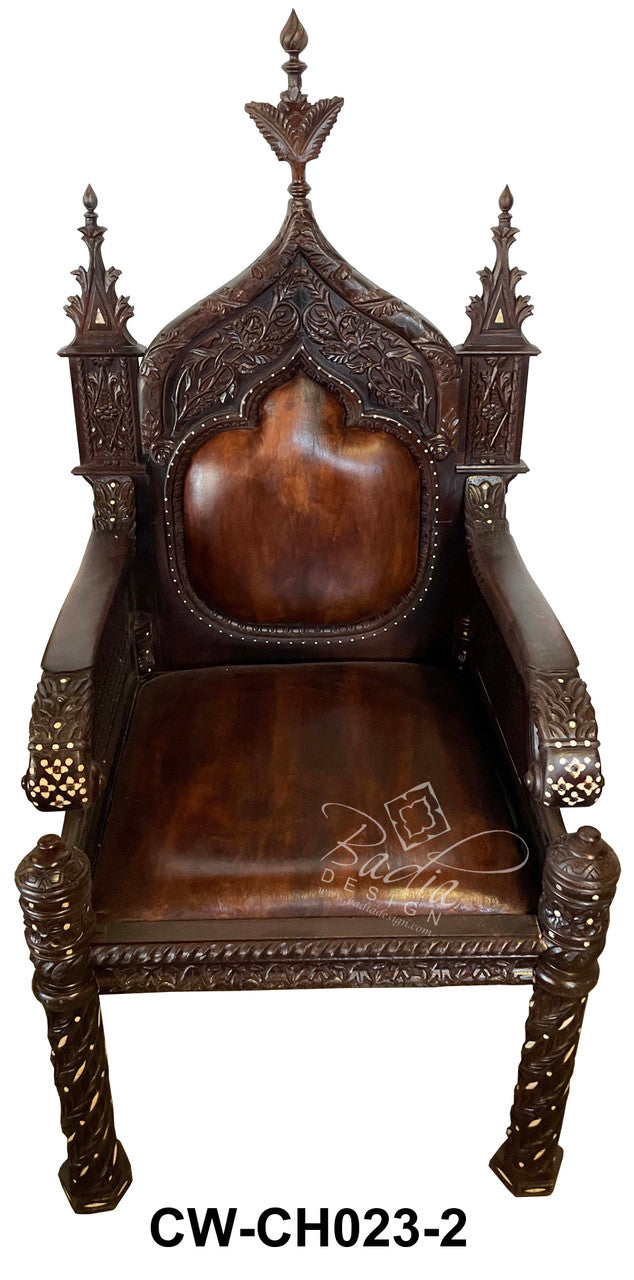 Large Hand Carved Cedar Wood Bone Inlay Chair with Leather Seat