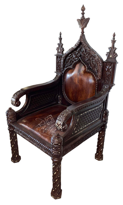 Large Hand Carved Cedar Wood Bone Inlay Chair with Leather Seat