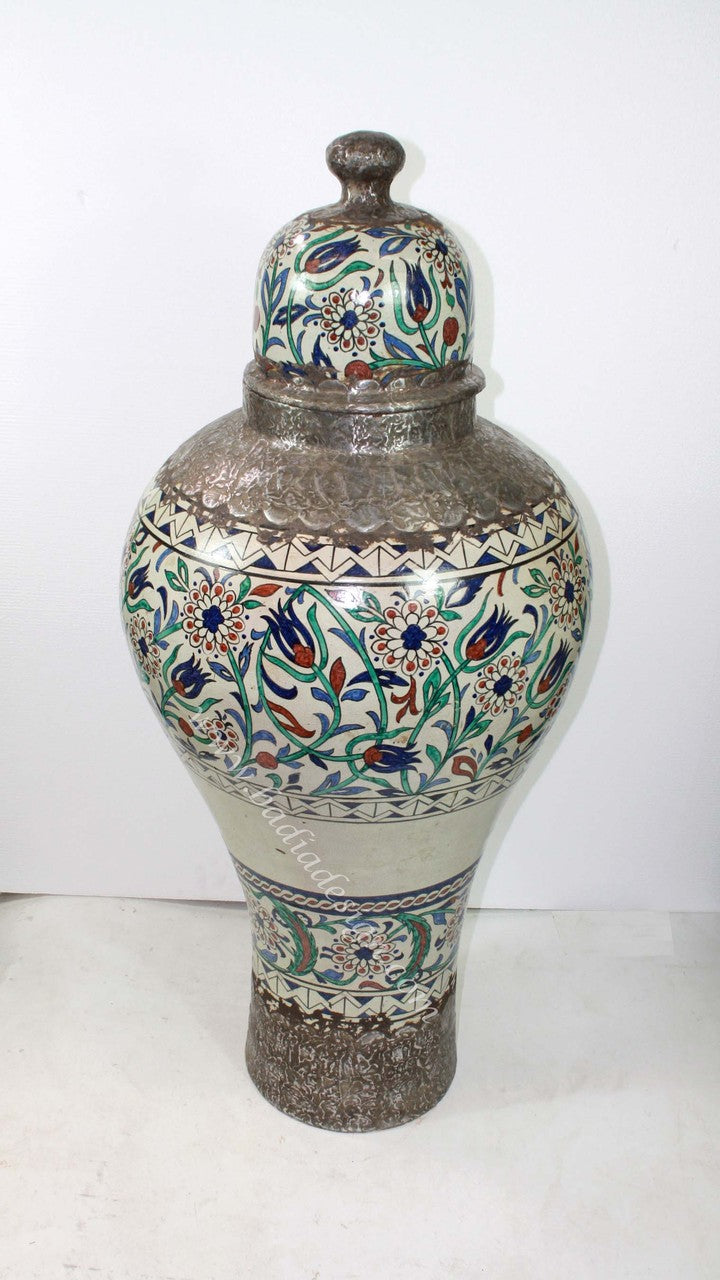 Large Moroccan Hand Painted Metal and Ceramic Urn