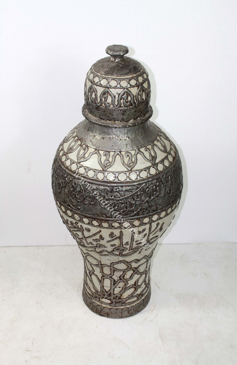 Large Silver Metal and Ceramic Urn