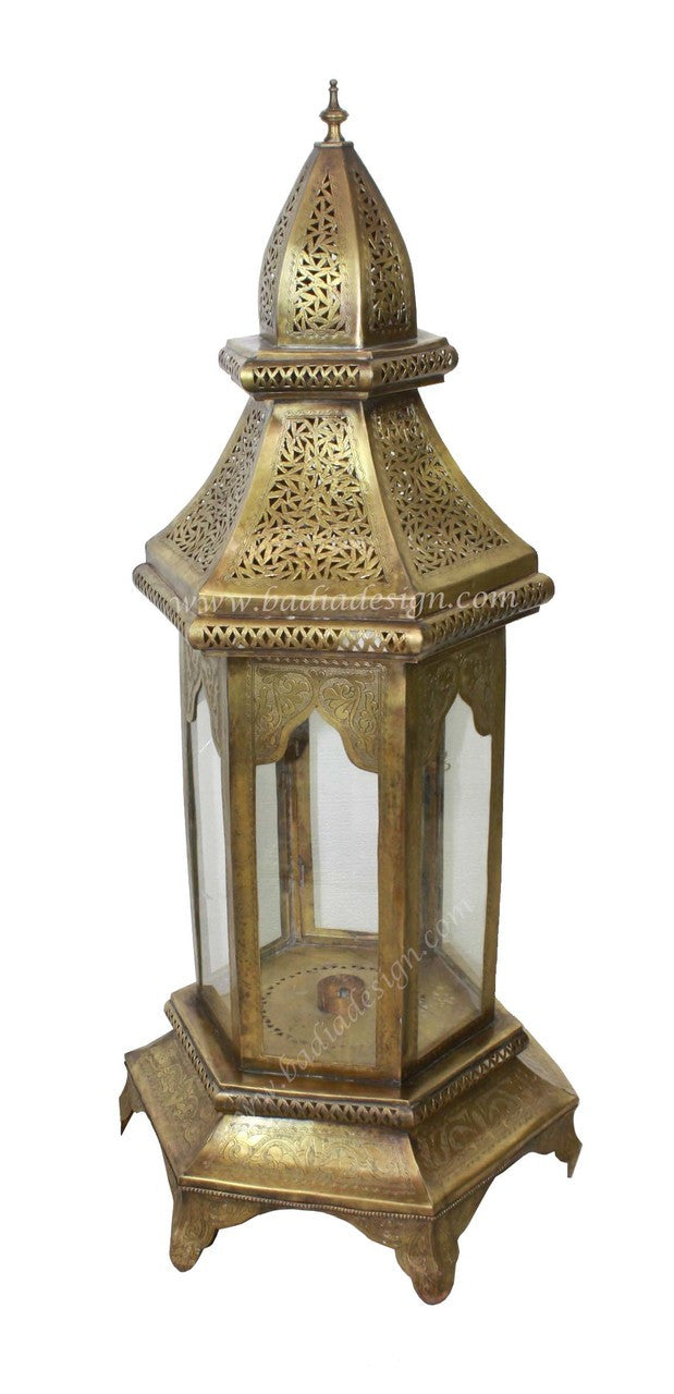 Large Brass Floor Lantern with Clear Glass