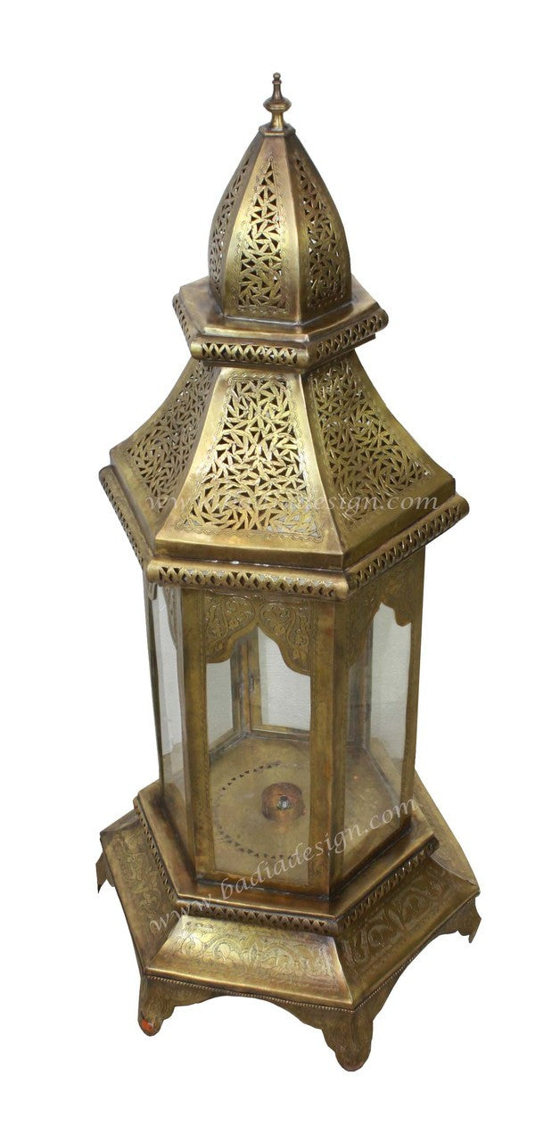 Large Brass Floor Lantern with Clear Glass
