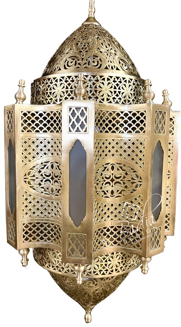 Handcrafted Brass Chandelier with White Glass Panels