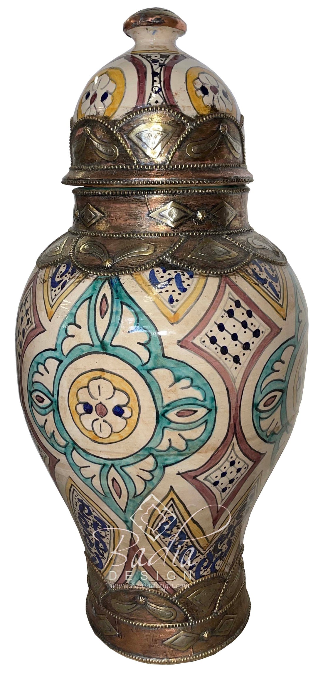 Modern Moroccan Multi-Color Ceramic and Metal Urn