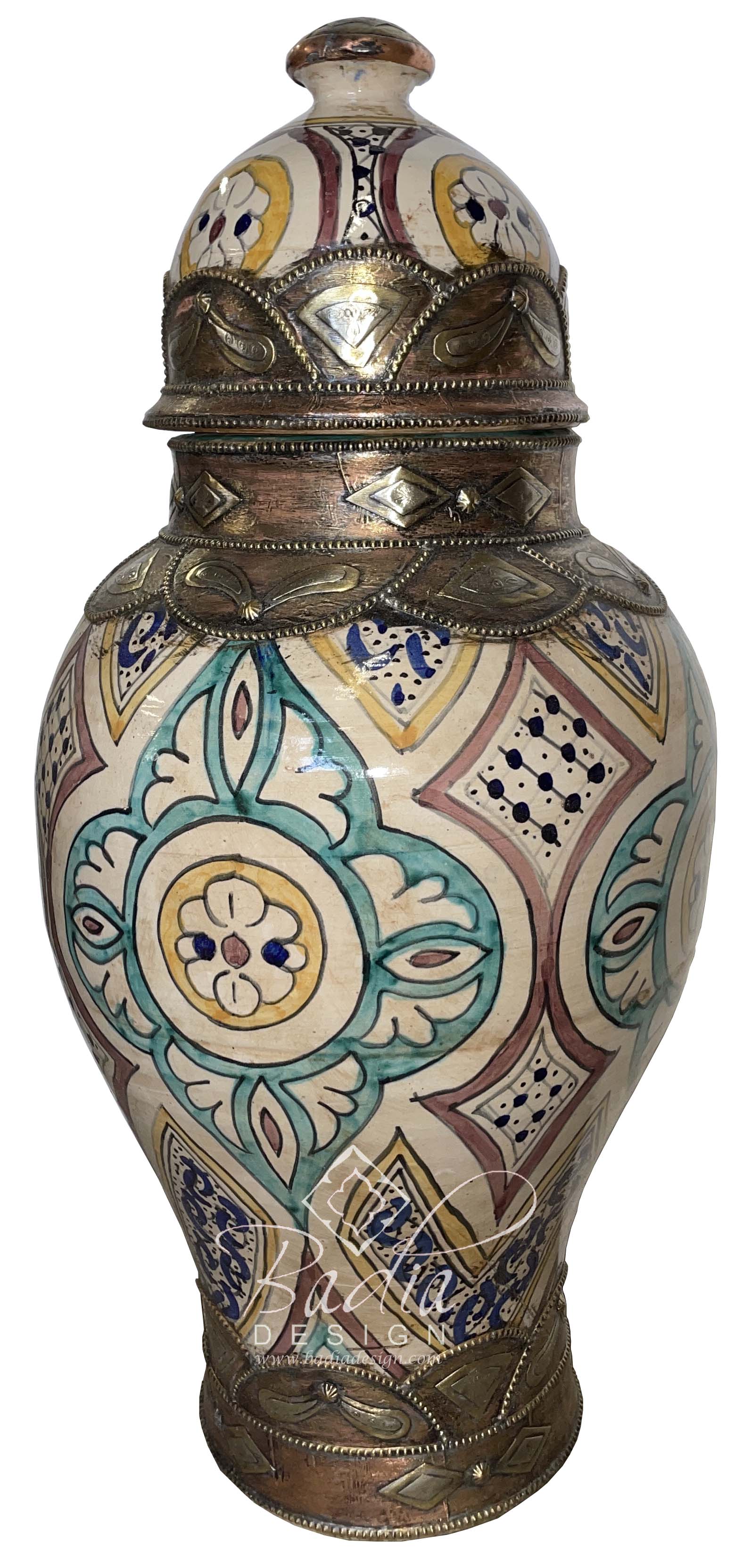Modern Moroccan Multi-Color Ceramic and Metal Urn