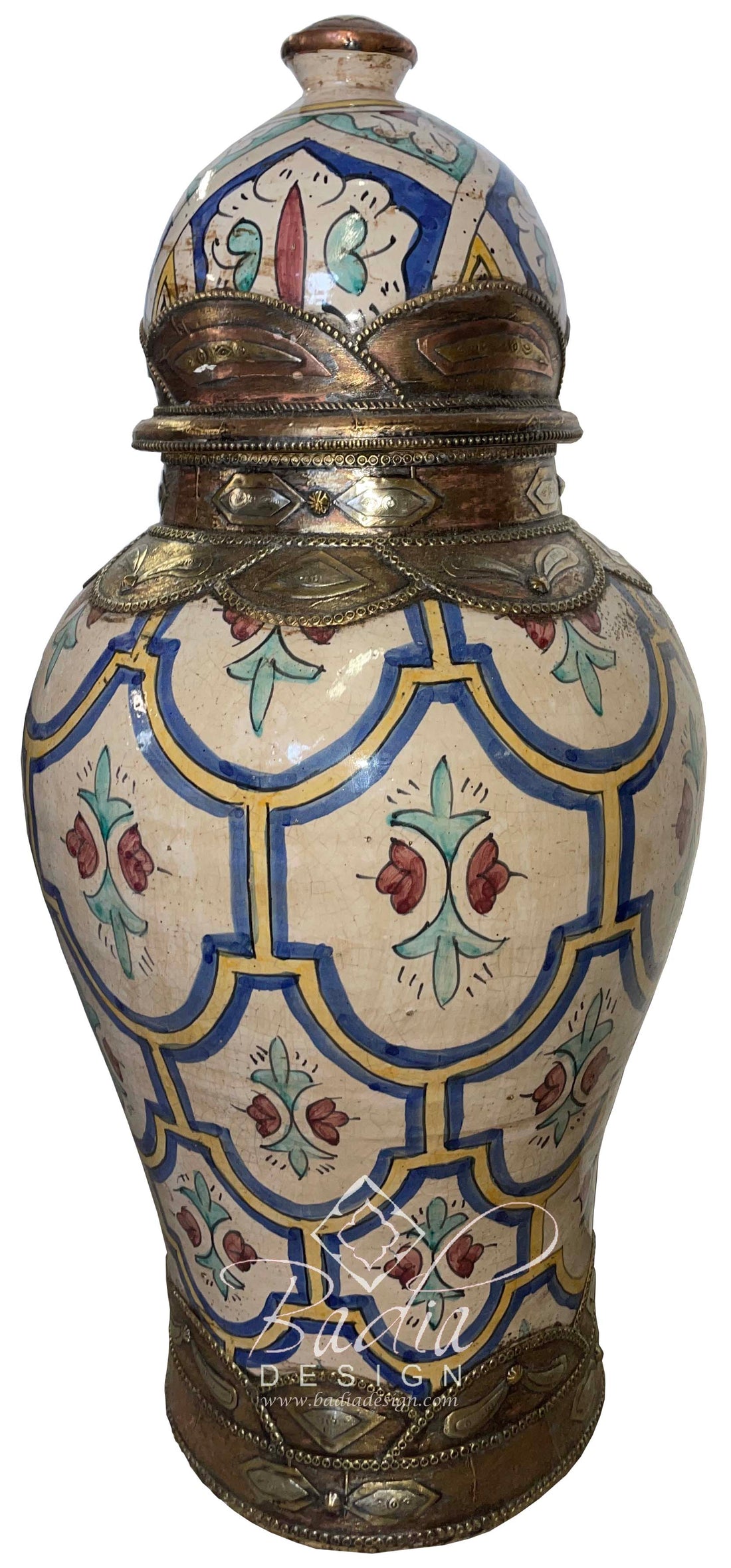 Hand Painted Moroccan Multi-Color Metal and Ceramic Urn