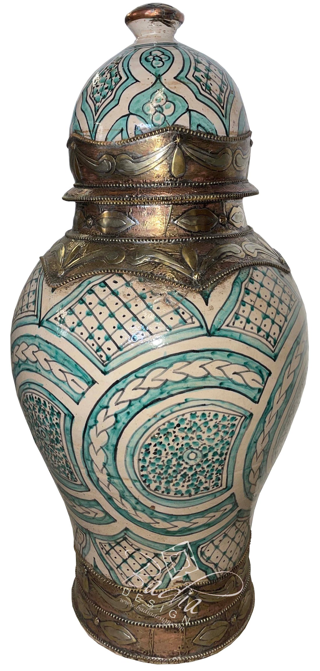 Modern Moroccan Teal Green Metal and Ceramic Urn