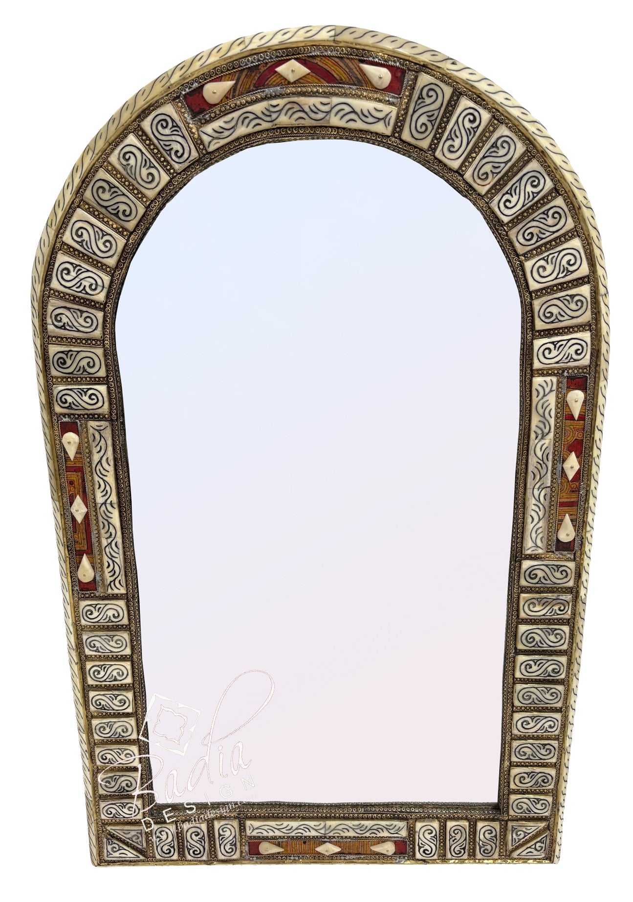 Moroccan Arch Mirror with Bone and Metal Inlay