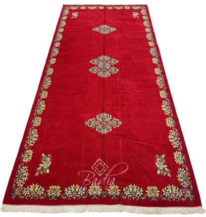 Red Runner Rug with Multicolor Geometric Designs