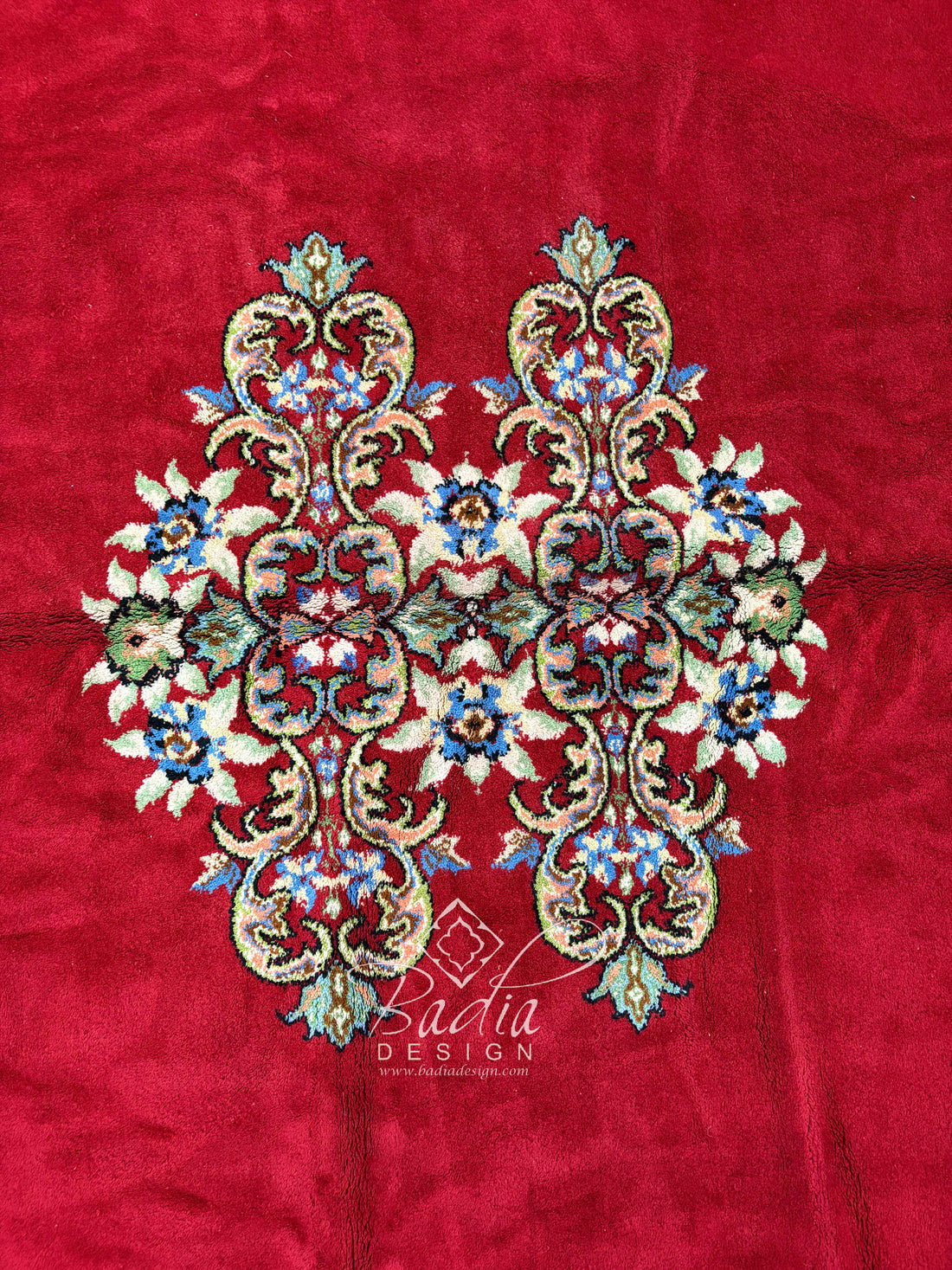 Red Runner Rug with Multicolor Geometric Designs