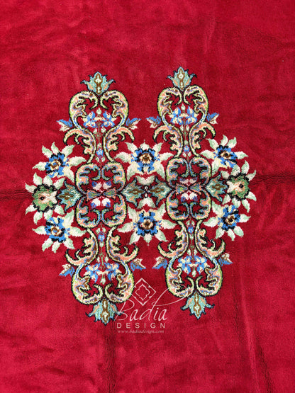 Red Runner Rug with Multicolor Geometric Designs