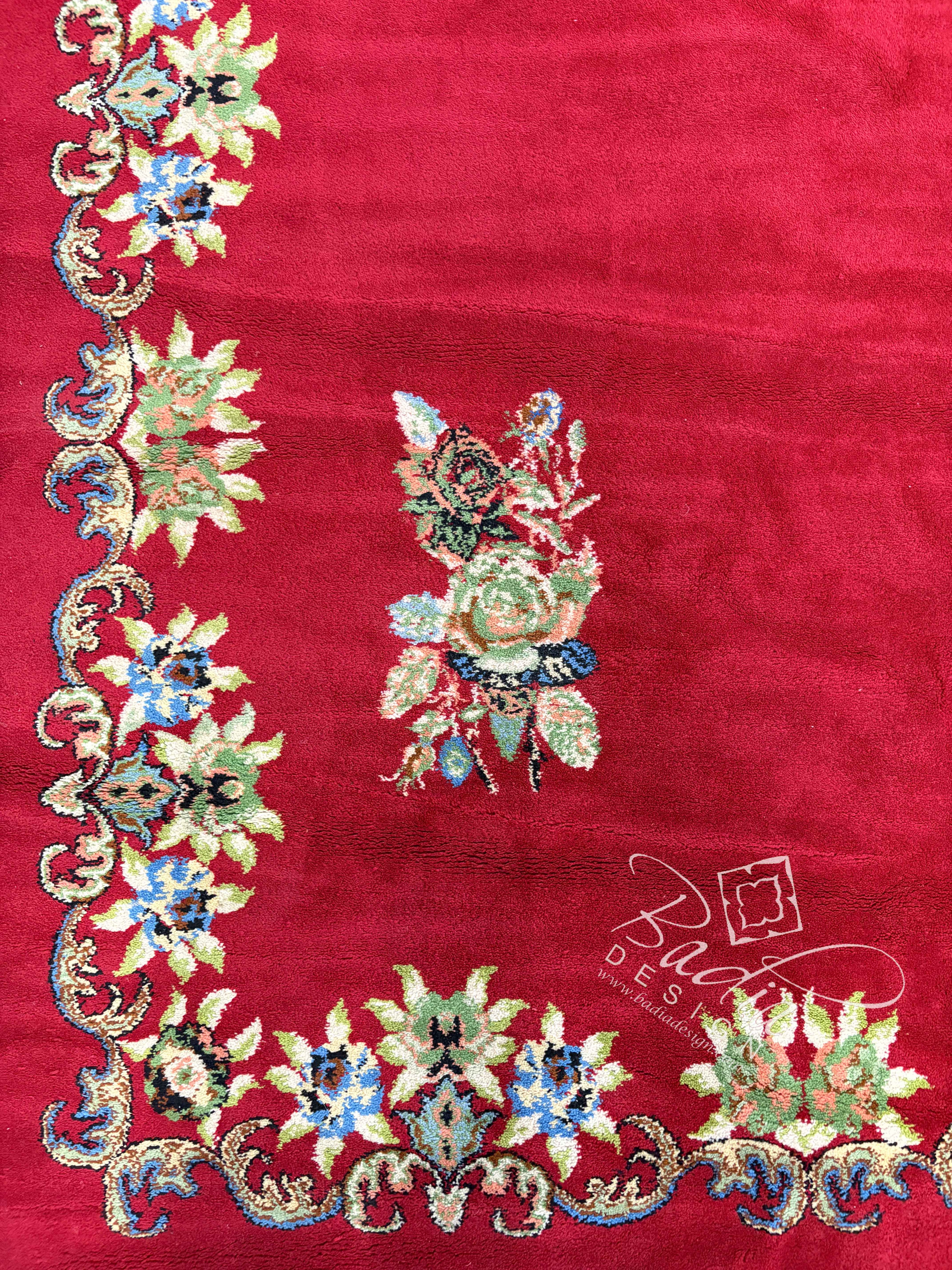 Red Runner Rug with Multicolor Geometric Designs