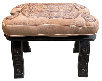 Beige Leather Ottoman with Carved Wood Base