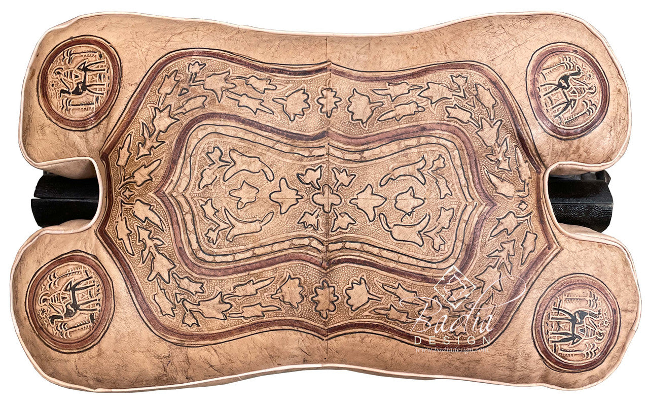 Beige Leather Ottoman with Carved Wood Base