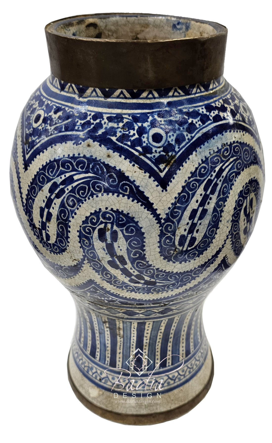 Moroccan Blue and White Metal and Ceramic Urn
