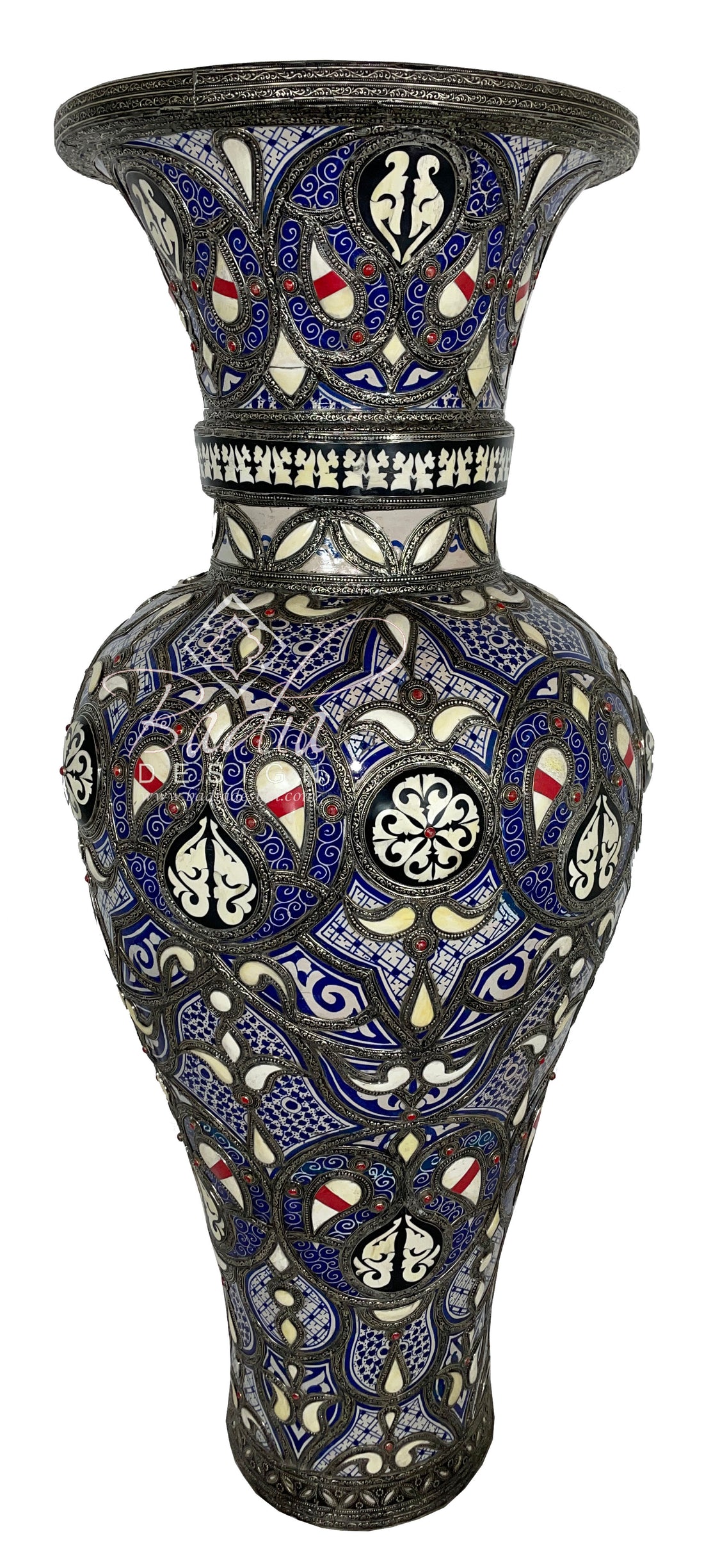 Moroccan Blue Ceramic Metal and Bone Inlay Urn