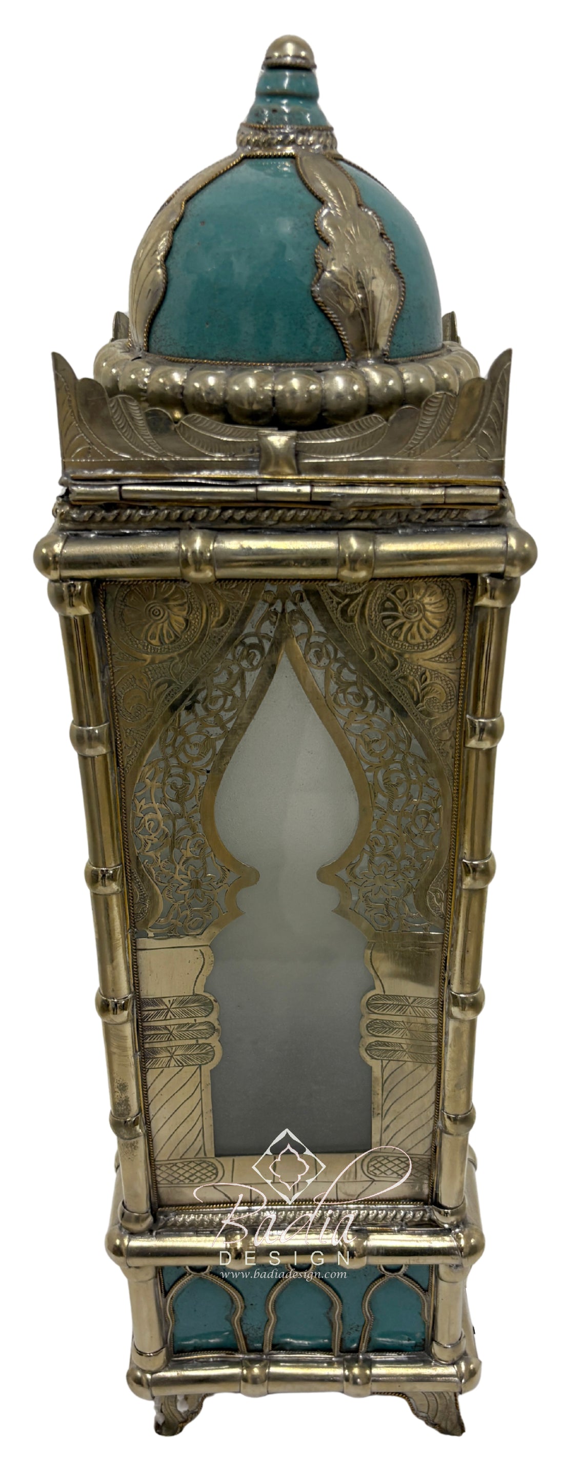 Tall Brass Floor Lantern with Teal Ceramic Decor