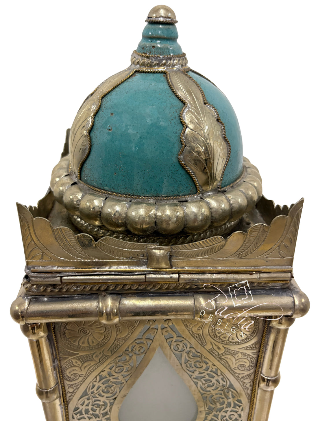 Tall Brass Floor Lantern with Teal Ceramic Decor