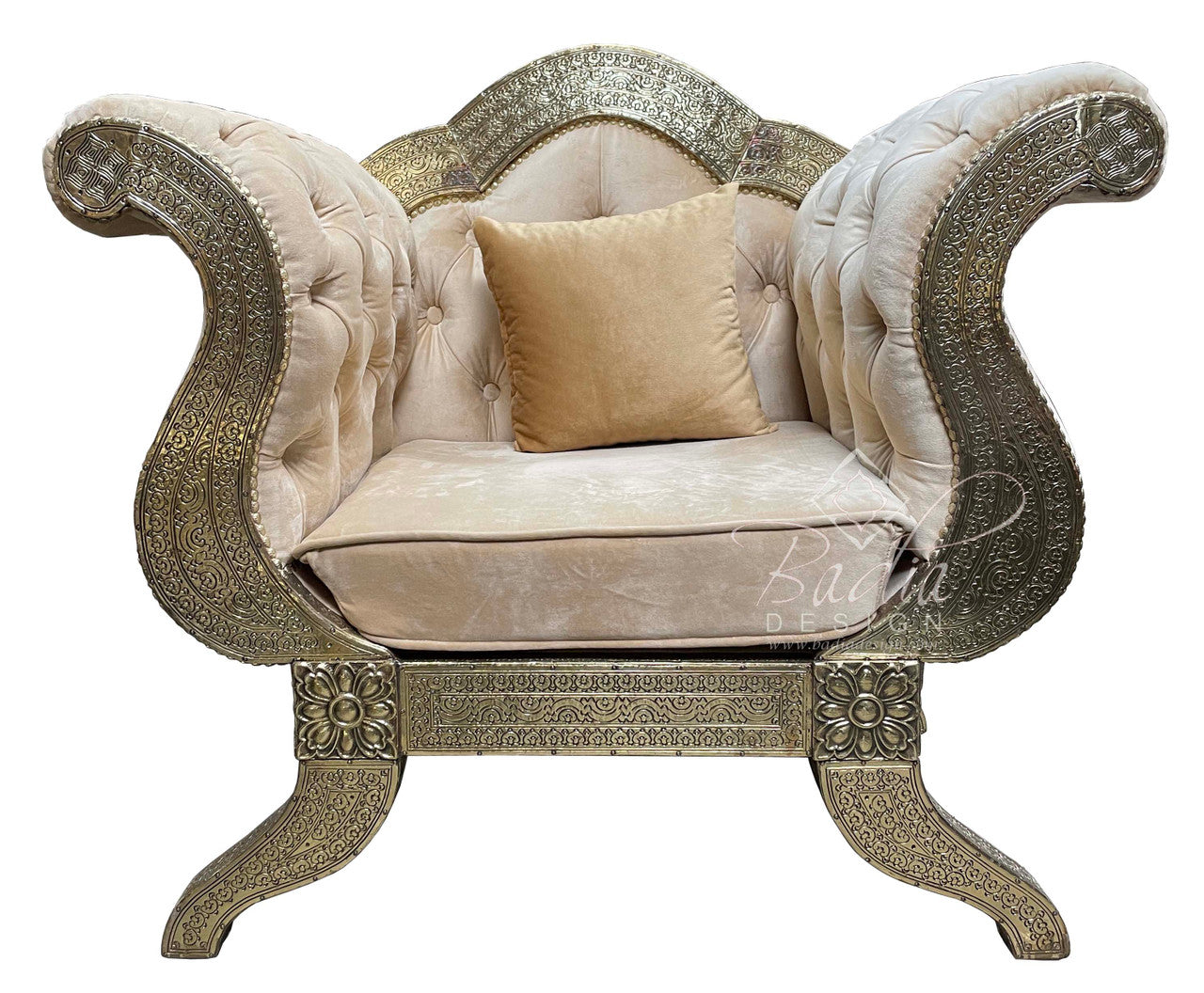 Hand Carved Embossed Brass Chair with Fabric Seat