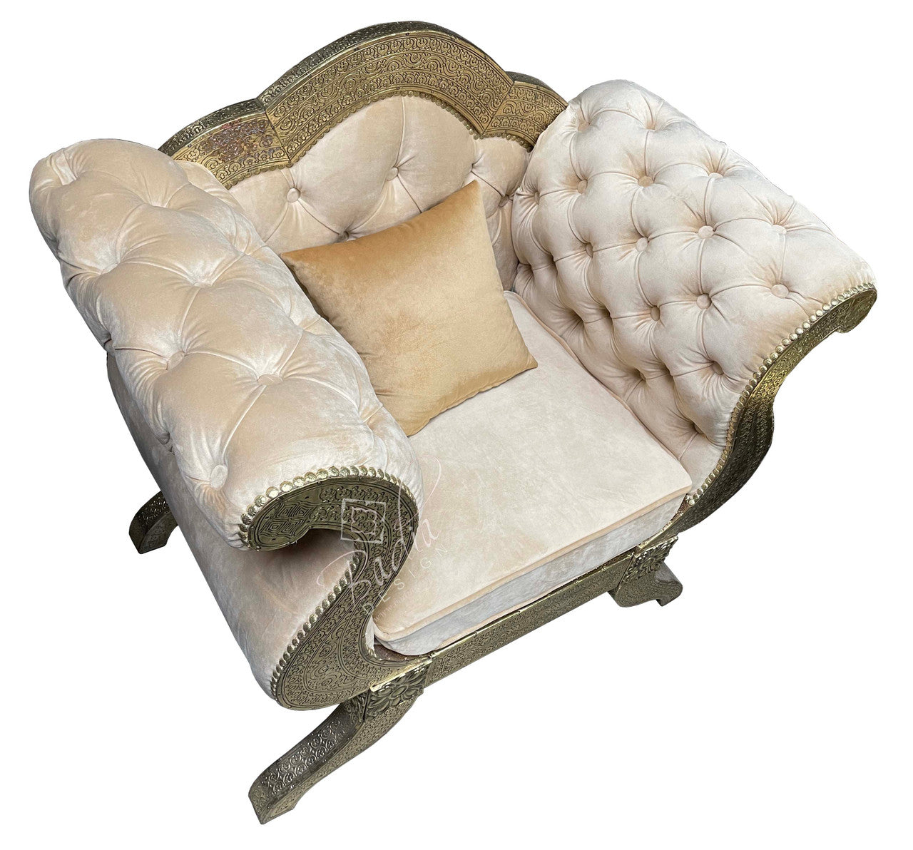 Hand Carved Embossed Brass Chair with Fabric Seat