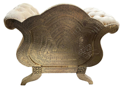 Hand Carved Embossed Brass Chair with Fabric Seat