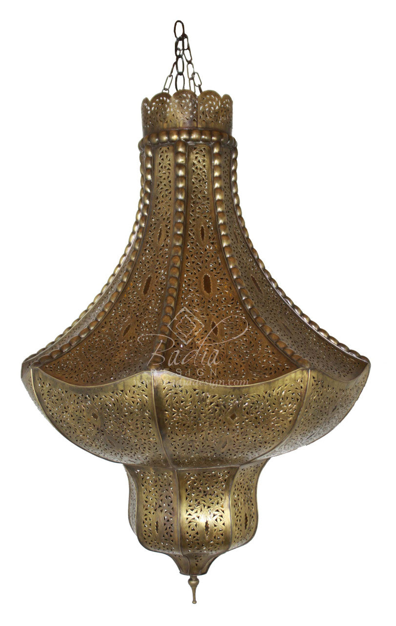 Large Brass Chandelier with Amber Color Glass