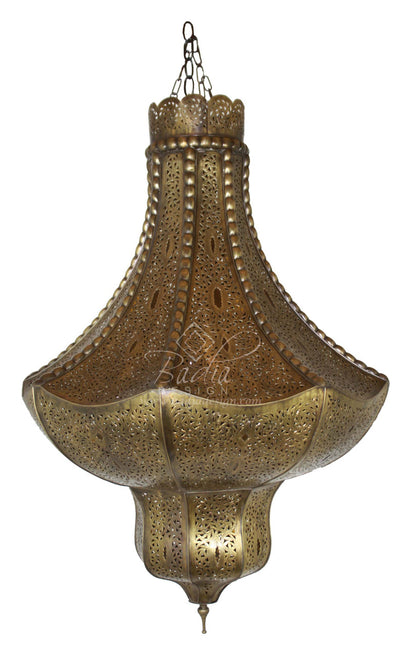 Large Brass Chandelier with Amber Color Glass