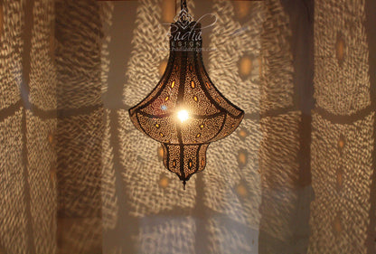 Large Brass Chandelier with Amber Color Glass