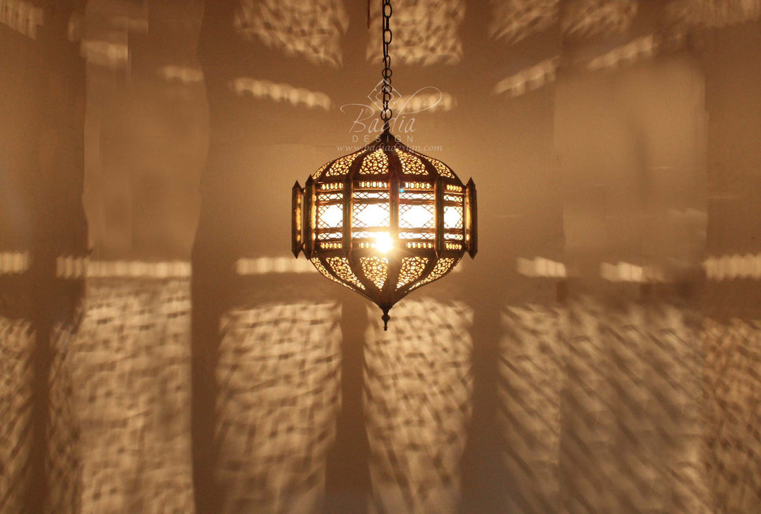 Moroccan Brass Chandelier with Frosted Glass