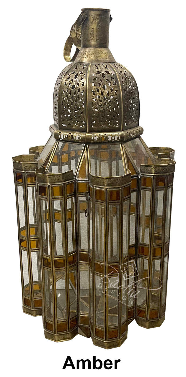 Geometric Brass Floor Lantern with Multi-Color Glass