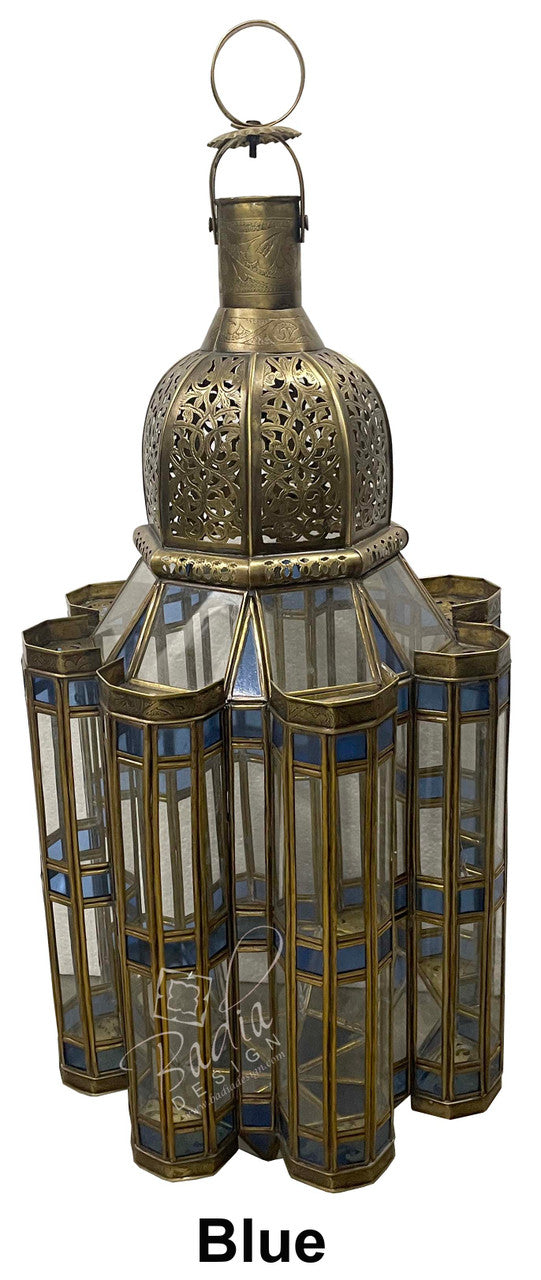 Geometric Brass Floor Lantern with Multi-Color Glass