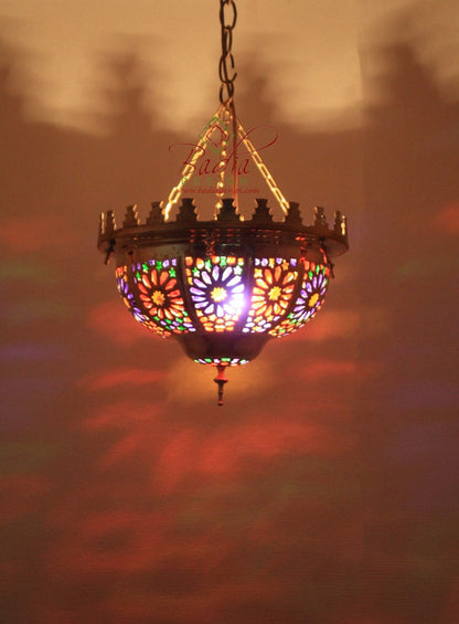 Brass Lantern with Multi Color Glass